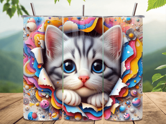 3D Cute Cat Peeking Paper Tumbler Wrap Design