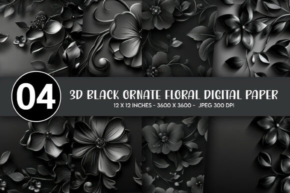 Elevate Your Creative Projects with 3D Black Ornate Floral Digital Paper