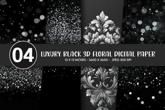 Luxury Black 3D Floral Digital Paper